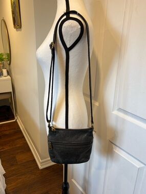 Vintage Fossil Explorer Black/Charcoal Leather Crossbody Bag Adjustable Strap